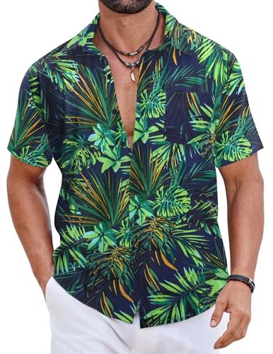 COOFANDY Camisas Hawaianas Hombre 100% Algodón, Camisas Verano Manga Corta Botonadas, Tops Tropicales Playa Corte Regular PAT1 XXXL