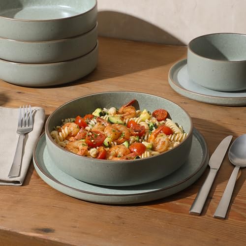 Image of Gibson Elite Gelston Stoneware Matte Reactive Glaze 16 Piece (Service for 4) Plates and Bowl Dinnerware Set - Green