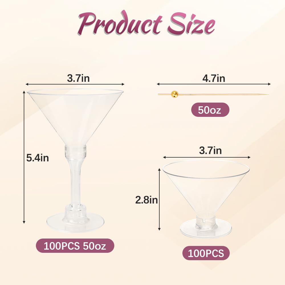 RETON Set di 100 bicchieri da Martini in plastica, riutilizzabili, da 141,7 g, bicchieri alti da margarita con 100 stecchini per frutta, mini bicchieri da dessert riutilizzabili per feste, matrimoni,
