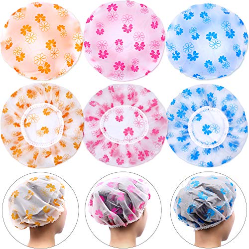 6 Pieces Shower Caps Floral Bathing Caps Reusable Shower Hats for Women Girls, 3 Colors