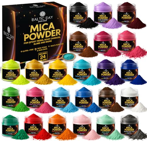 BALTIC DAY Mica Powder for Epoxy Resin – 24 Ultra-Vibrant Colors in Large 10g Jars (240g Total) – High-Pigment Cosmetic-Grade Pearlescent Powder for Soap,...