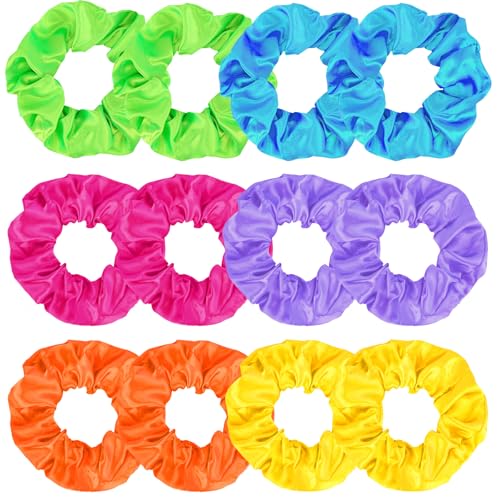 KICOSY 12 Pack Neon Scrunchies in 6 Colors - Satin Soft Hair Ties Ideal for 80s/90s Looks Glow Party & Daily Style