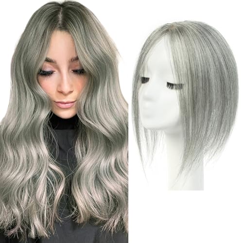 isheeny Hair Toppers For Women Real Human Hair White Highlight Grey 8Inch Human Hair Topper for Women, 2 Clips Secure Hold, Realistic Artificial-Base Scalp For Changing Your Look