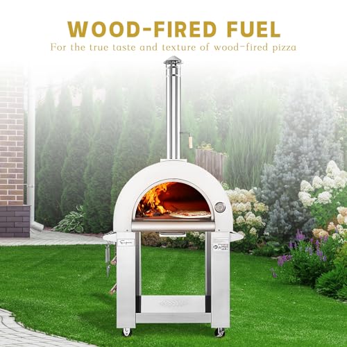 Image of Empava 32.5 inch Wood Fired Pizza Oven Grill with Stand and Wheels,for Outdoor Camping, Backyard, Garden,Patio, in Stainless Steel, Red