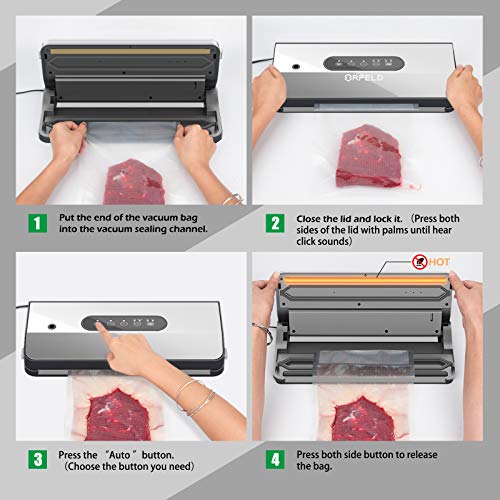 ORFELD Vacuum Sealer Machine, Automatic Food Sealer for Food Savers with Starter Kit, Dry & Moist Modes, LED Screen Indicator, Compact Vacuum Sealer, Easy to Clean, Grey