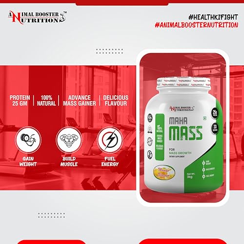 Image of Animal Booster Nutrition Maha Mass Gainer, 25 Grams of Protein in 90gm of Serving Helps in Gain Weight, Build Muscle & Fuel Energy - Mango Flavor (33 Servings /3KG)