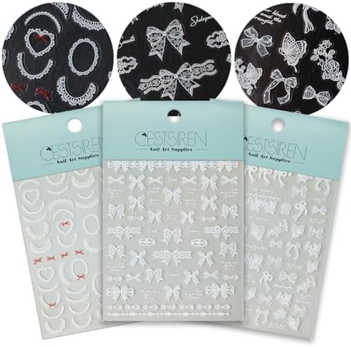 White Ruffle Lace Nail Art Stickers, Butterfly Theme Decals, Self-Adhesive, Nail Accessories for Women, French Decorations 3 Sheets