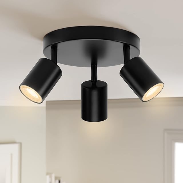wowatt 3 Way LED Ceiling Light Adjustable, Ceiling Spotlight Indoor Matt Black with Round Plat Spot Lights GU10 Industrial Spotlight Fitting Rotatable for Kitchen Bedroom Hallway, Bulb Not Included