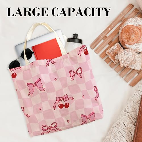 Bolso tote rosa con lazo para mujer, bolso de lona con diseño de cerezas y lazo, ideal como regalo para cumpleaños o Navidad, bolso de hombro para trabajo, compras, viajes o vacaciones miniatura 5
