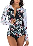 YATEEN Women's UPF 50+ Rash Guard One Piece Long Sleeve Swimsuit with Zipper White/Black