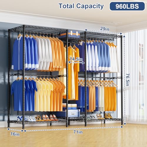 Ulif E12 Clothes Rack,Heavy Duty Freestanding Garment Rack with Shelves,Metal Clothing Closet Storage System for Hanging Clothes,71\" W x 16\" D x 76.5\" H, Hold 960 lbs,Black