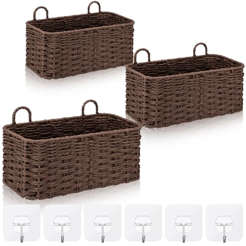 Ferrochef 3 Pcs Wall Hanging Baskets,Rectangle,Brown,Paper Cord