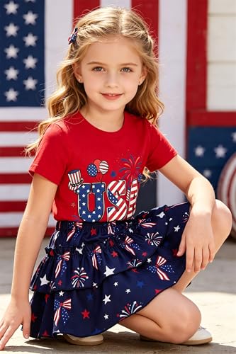 Image of Little Girls Skirt Set - 2 Piece Short Sleeve Top Shirred Tiered Skirt Outfit Girls Spring Summer Clothes 3-8 Years