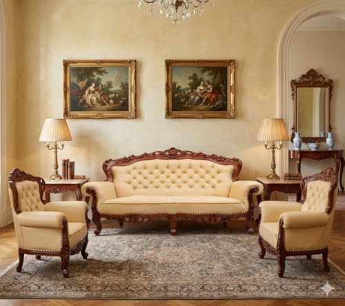 Image of Wooden 5 Seater Sofa Set, Solid Teak Wood Sofa | 3+1+1 with Polish Finish | Traditional Design Furniture for Living Room, Home, Hall, Bedroom Seating