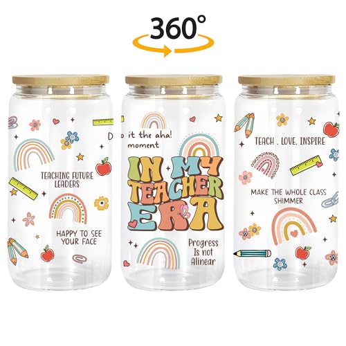 BOBAPARTHOME Teacher Appreciation Glass Cup with Lid and Straw, 16 Oz, Modern School-themed Tumbler, Hot & Cold Drinks, Reusable, Transparent, Multicolor, Includes Bamboo Lid and Straw - Image 4