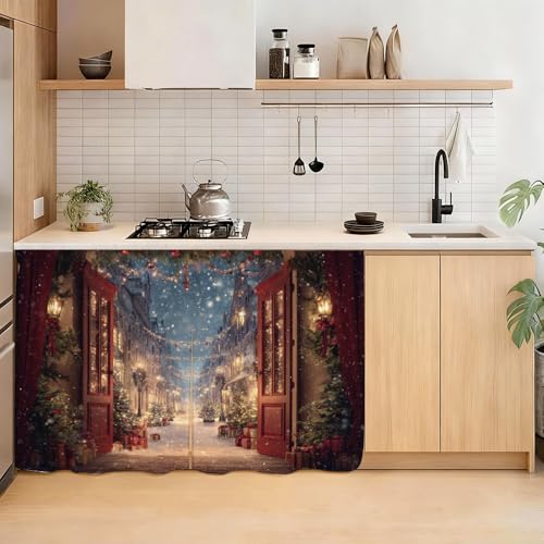 Image of Self Adhesive Vintage Street View Cabinet Curtain for Mother's Day, 39x28 Inch Open Door Scenery Under Sink Skirt No Drill, Spring Cleaning Kitchen Decor, Hook and Loop Valance