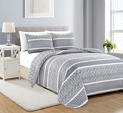 Reversible Paisley Striped Bedspread. King Size Quilt with 2 Shams. 3-Piece Reversible All Season Quilt Set. Grey Quilt Coverlet Bed Set. Kadi Collection.