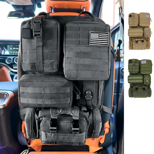 6 Pack Tactical MOLLE Car Seat Back Organizer - Universal Vehicle Storage Bag with 5 Detachable MOLLE Pouches US Flag Patch & Keychain Fits Jeep Truck SUV Car (Black)