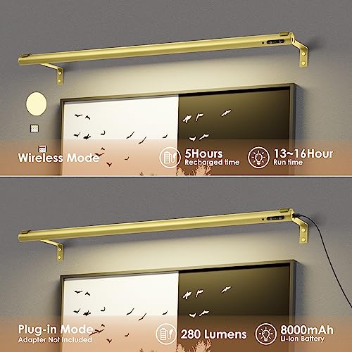 Image of Battery Operated Wireless Picture Light,Rechargeable /Plugged in 31.5inch Painting Display Light,Remote Control Wall Lights with Three Modes and Timing for Art Frame (2 Gold)