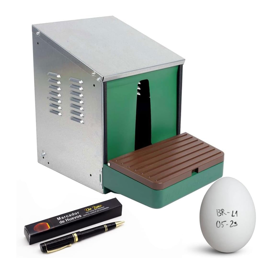 Ponedero para Gallinas + Huevo Falso y Marcador de Huevos Deluxe con Mina de Carbono - Ponedero Huevos Confortable con Cortinilla