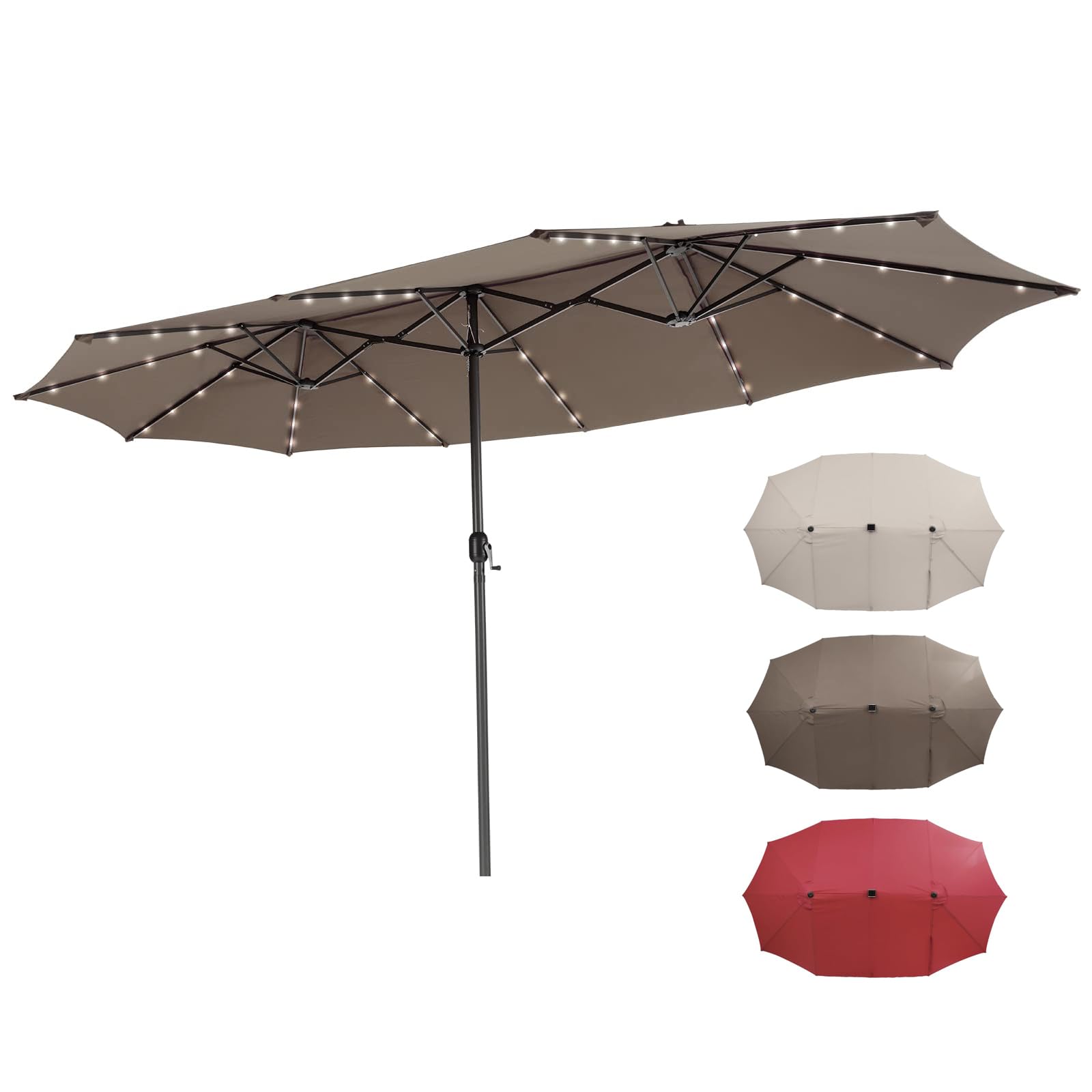RELAX4LIFE Ombrellone Doppio da Giardino 4,5x 2,6m con Luci LED, Ombrellone Grande con Base, Apertura Manovella, Tetti Ventilati, per Patio, Cortile, Ristorante (Caffè-Luci, 4,5 x 2,6 M)