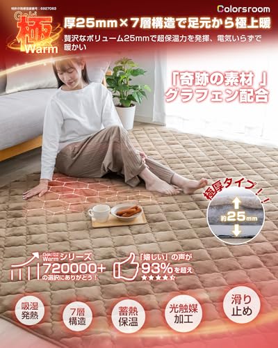 Colorsroom ラグ カーペット 極厚25mm 冬 ふわふわ 【7層構造・ 奇跡の素材グラフェン配合】ラグマット 接触温感 吸湿発熱 断熱 蓄熱 遠赤保温 あったか アルミシート入り 厚手 防音 静電気加工 滑り止め付 こたつ敷きマット 床暖房 ホットカーペット対応 抗菌防臭 135×185cm 約1.5畳 ブラウン [2]