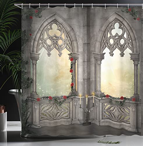 ABAKUHAUS Gothic Shower Curtain, Vintage Style Ottoman Palace Balcony for Sultans Red Rose Flowers Ivy Terrace Image - Image 3