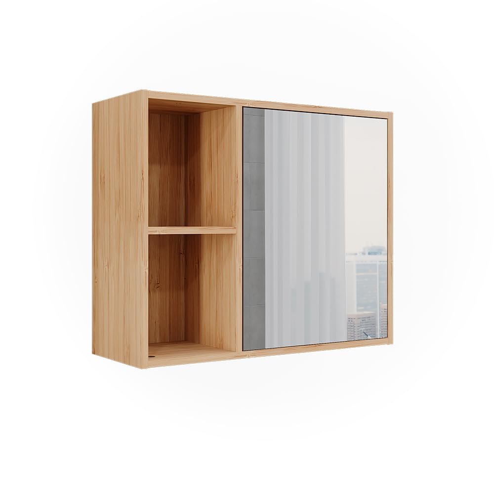 Vicco Mobile a specchio per il bagno Lucie, Bambù, 54 x 44.5 cm con specchio, adatto per la conservazione salvaspazio di accessori da bagno