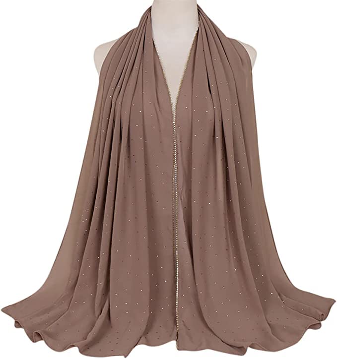 ZAFA Women Soft Chiffon Rhinestone Long Scarf Shawl Fashion Muslim Hijab Head Wrap Scarves3