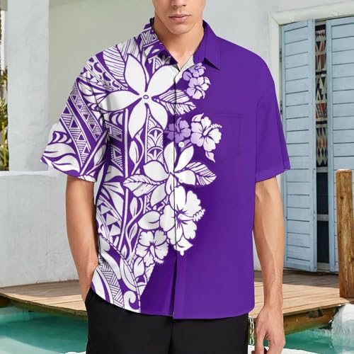 Men's Polynesian Tribal Print Cuban Collar Shirt Short Sleeve Button Down Beach Hawaiian Shirts with Pocket2