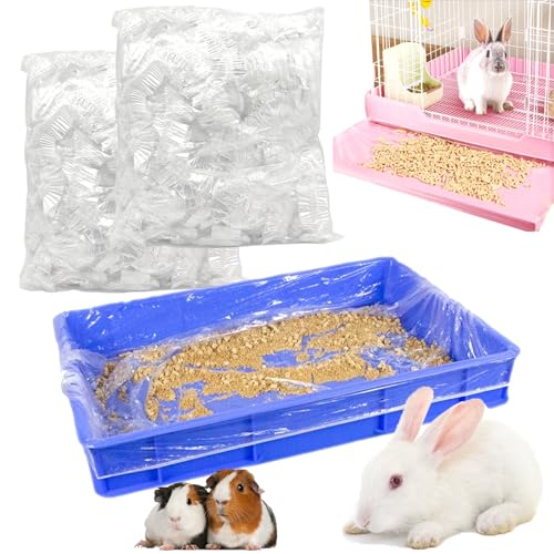 Niwaes 100Pcs Disposable Rabbit Cage Liner, 26\'\' X 18\'\' Plastic Guinea Pig Cage Liners Bag Elastic Small Animal Toilet Film, Clear Crate Tray Covers for Bunnies Ferret Hamster