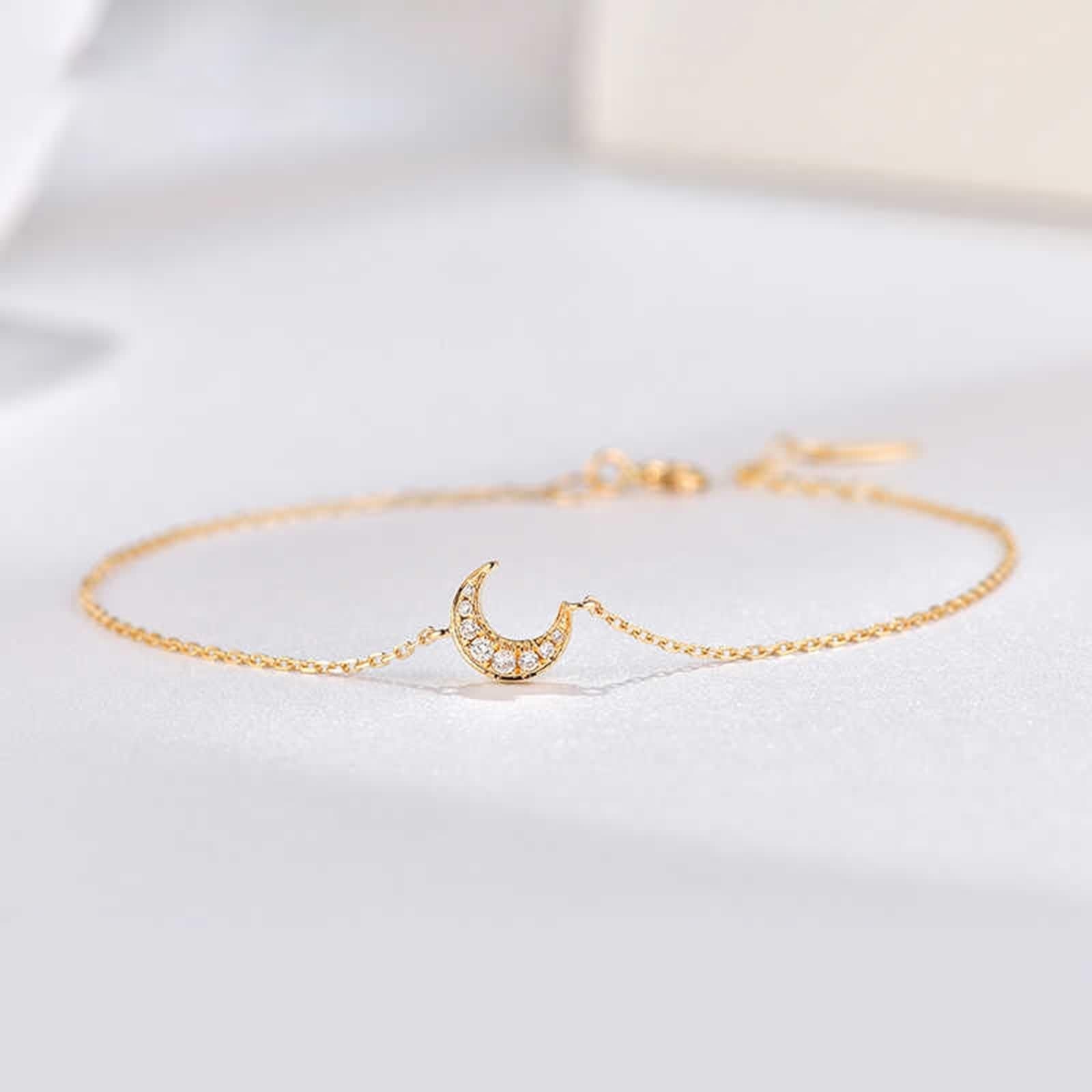 Pulsera de moda para mujer, pulseras de cadena de diamantes blancos de 0,04 quilates, joyería de cadena de luna de oro amarillo