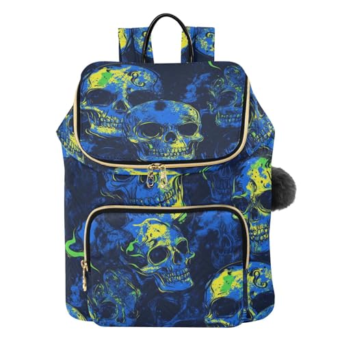 KLL Blue Green Shining Skulls Backpacks for Women Premium Casual Travel Bag Ladies Shoulder Bag for Shopping Sports Travel