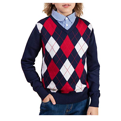Benito & Benita Boys Argyle Sweater Plaid Holiday Knit Pullover Outfits School Uniform Tops Shirt Collar for Kids Navy/Red 7-8Y