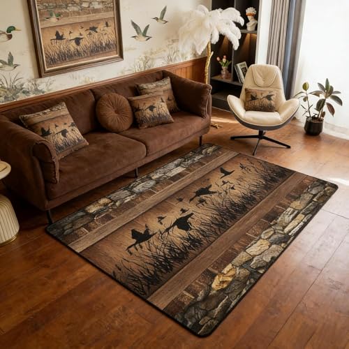 Erosebridal Mallard Duck Hunting Area Rug 5x7 Farmhouse Rug for Bedroom Living Room Rustic Cabin Carpet Non Slip Brown Country Wooden Stone Indoor Floor Mat Lodge Home Decor