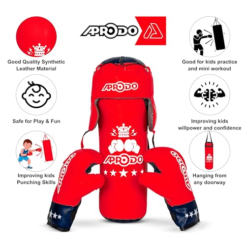 Image of Aprodo Kids Boxing Kit Set Pack of 4 | Punching Bag for Karate & Martial Arts | Bounce-Back Training Bag for Boys & Girls (Ages 3-8) | Energy Release & Skill Building for Future Champs (Red Black)