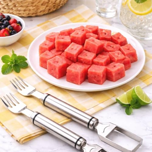 Image of Watermelon Fork Cutter Slicer Tool | 2-in-1 Stainless Steel Fruit Knife | Watermelon Cutting Tool for Home, Outdoor Parties and Family Dinners | Kitchen Gadget (4 Pieces)