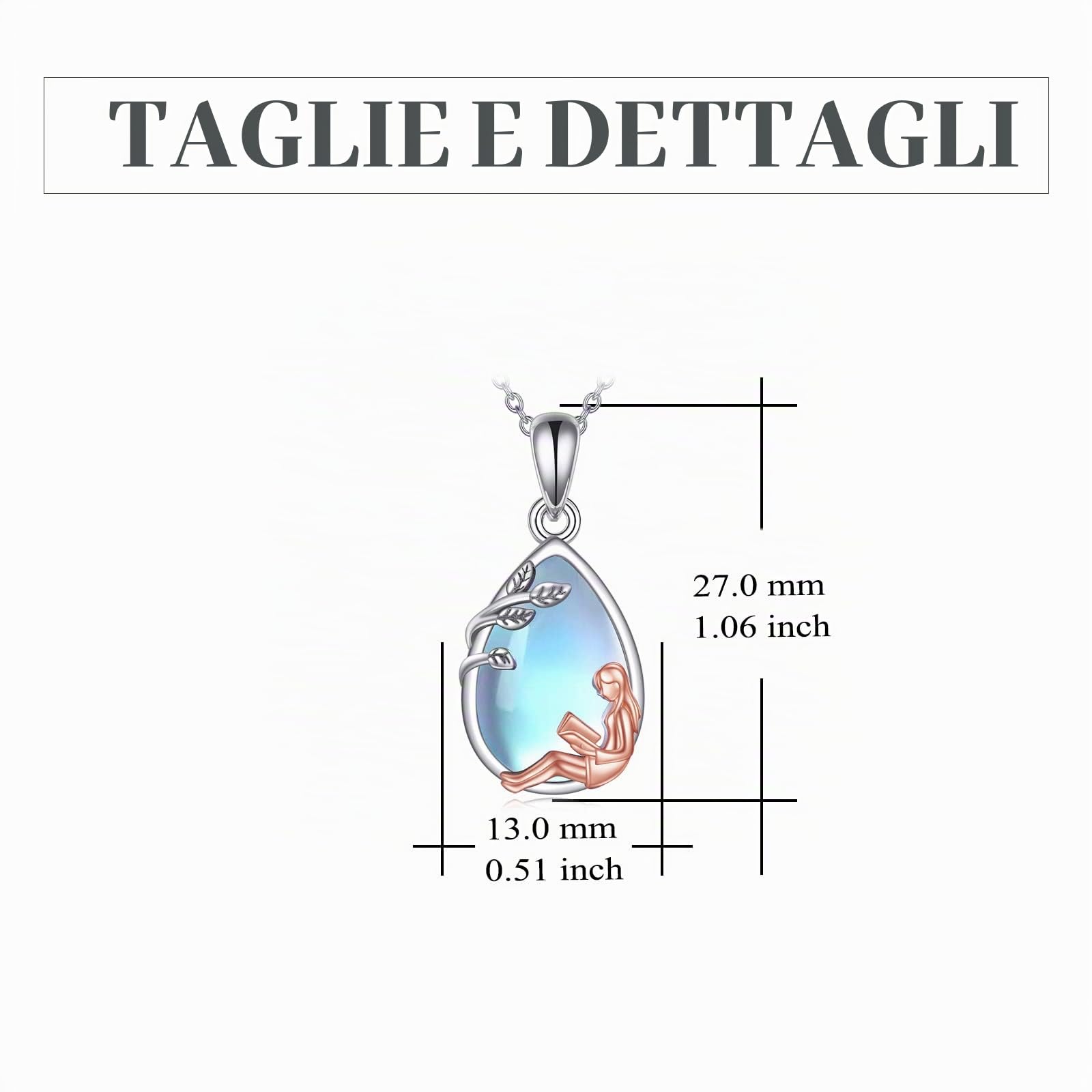 YFN Regalo per libri in argento Sterling, con ciondolo a forma di libro, con pietra di luna, per donne, ragazze, amanti dei libri