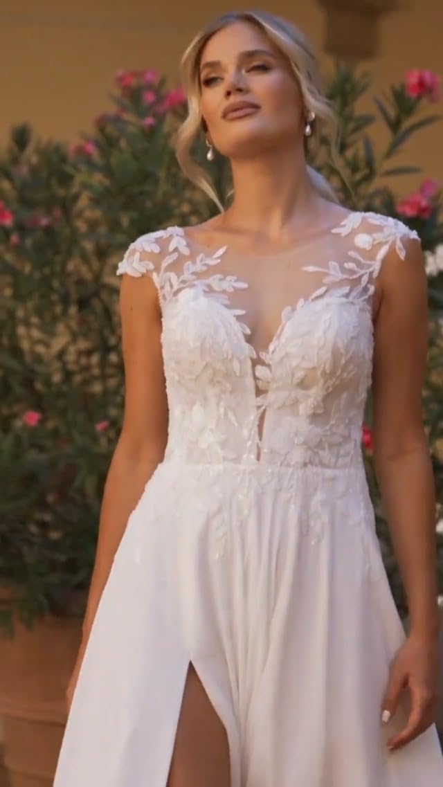 HUINI Brautkleid Standesamt Hochzeitskleid Chiffon Boho Spitzen Lang Strand Brautmode Kleid