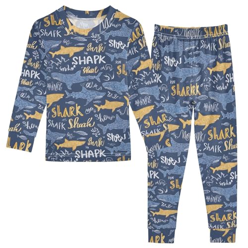 ALAZA Shark Yellow Blue 2 Piece Pajama Set Long Sleeve Top and Pants Sleepwear Unisex