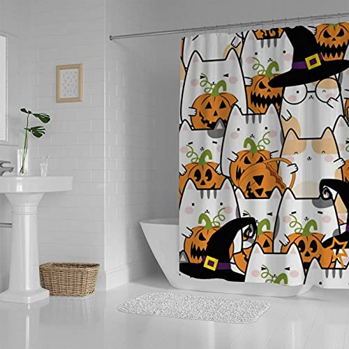 Rideau de douche en polyester 182x183 cm lavable motif chat Halloween - 4