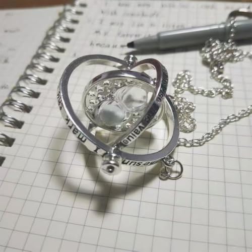 Time Hourglass Necklace Silver, Magical Travel Hourglass Rotating Pendant Necklace, Gift Fans Costume Jewelry3
