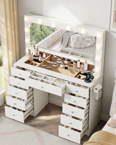 Otterease White Makeup Vanity, 11 Drawers Vanity with Mirror and
