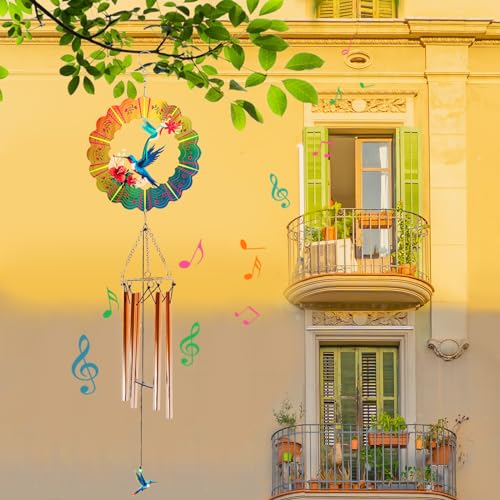 Image of Wind Chimes with Hummingbird Wind Spinner, Gifts for Mom Women Grandma Birthday Retirement Teacher, 31 inch Windchimes Outdoor Decor Hanging Mobile for Garden Porch Patio Backyard