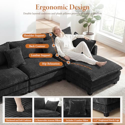 Image of Vesgantti 143 inch L Shaped Modular Sectional Couch, Comfy Corduroy Upholstered Cloud Couches for Living Room, Modern 3 Seater Sofa with Movable Ottoman & Throw Pillows, Charcoal Grey