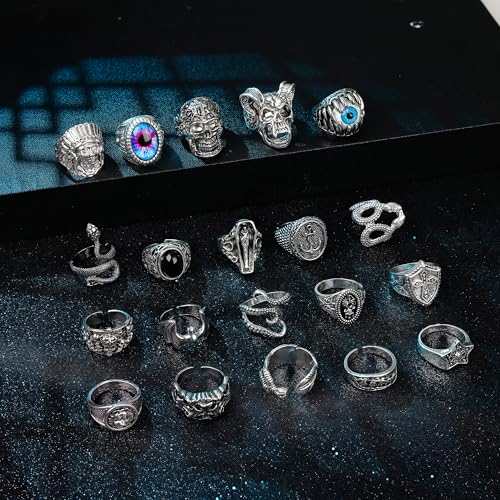 REVOLIA 20Pcs Vintage Silver Punk Rings for Men Cool Gothic Chunky Biker Kunckle Rings Set Skull Feather Snake Octopus Devil Eyes Stacking Rings Jewelry Pack2