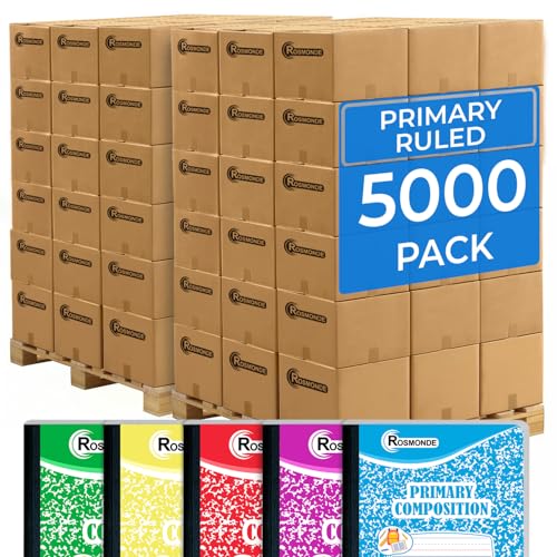 Rosmonde 5000 Pack (Pallet) Primary Ruled Composition Notebooks Bulk, 100 Sheets (200 Pages), 9-3/4 x 7-1/2, Ideal for Grades K-2, School Districts, Wholesale Bulk Purchasing, 4-7 Days Transit