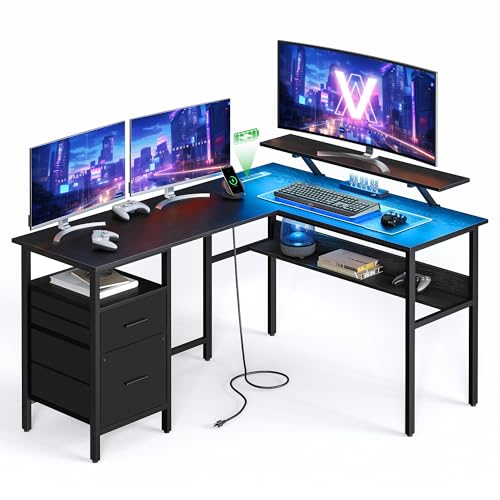 VASAGLE L-Shaped Desk with Power Outlets, Computer Desk with Moni...
