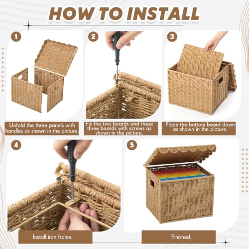 Image of Jingmore File Organizer Box with Scalloped Lid, Paper Rope, Dark Brown