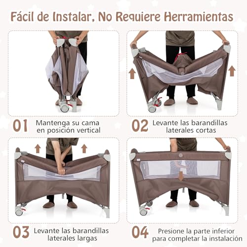 RELAX4LIFE 5 en 1 Cuna Infantil Bebe con 2 Ruedas Bloqueables, Cambiador, Correa Fijación, Caja de Música y 3 Juguetes Colgantes, Cuna con Colchón y Bolsa de Transporte para Bebés 0-36 Meses (Café) - imagen 7